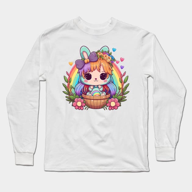 Anime Easter Bunny Girl In Basket. Spring Flowers and Easter Eggs, Rainbow Long Sleeve T-Shirt by ElenaDro